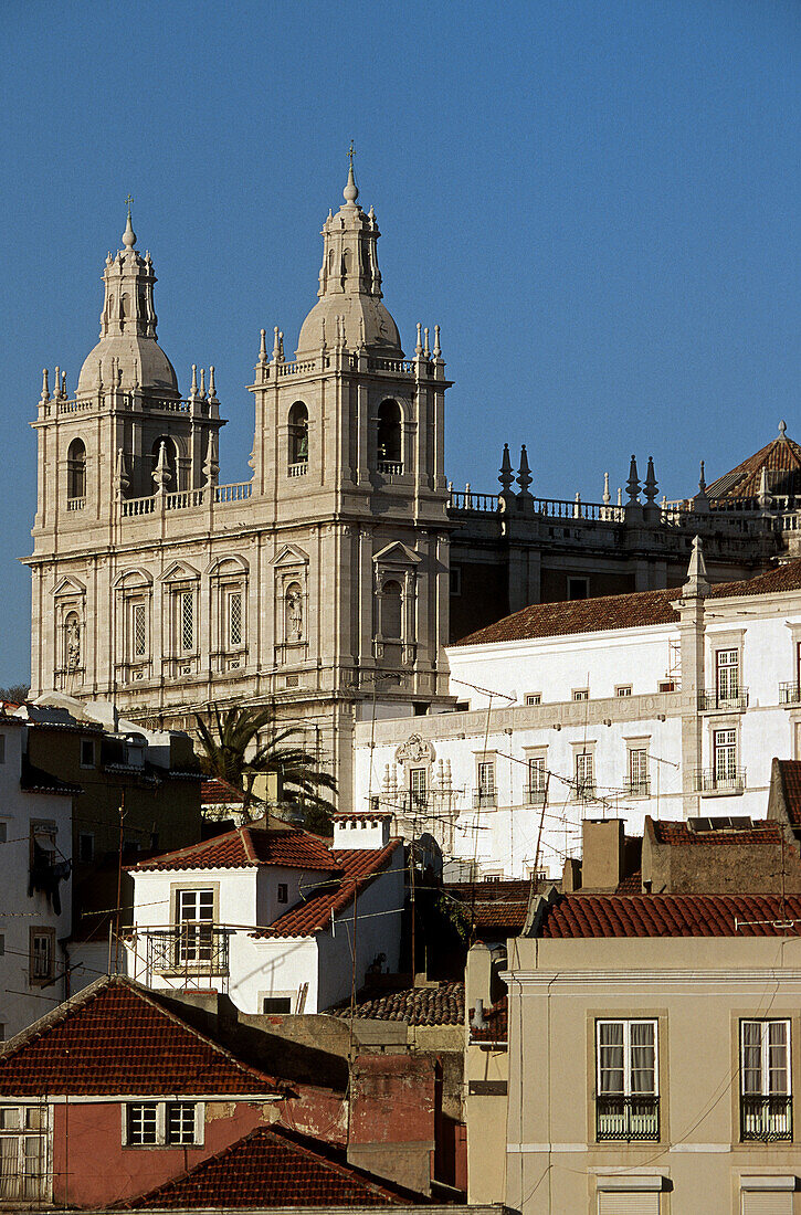 São Vicente de Fora monastery, view on Alfama district from Miradouro Santa Luzia, Lisbon. Portugal