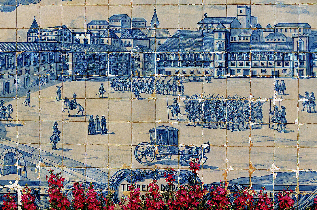 Azulejo tiles in the Miradouro Santa Luzia depicting Praça do Comércio, Lisbon. Portugal