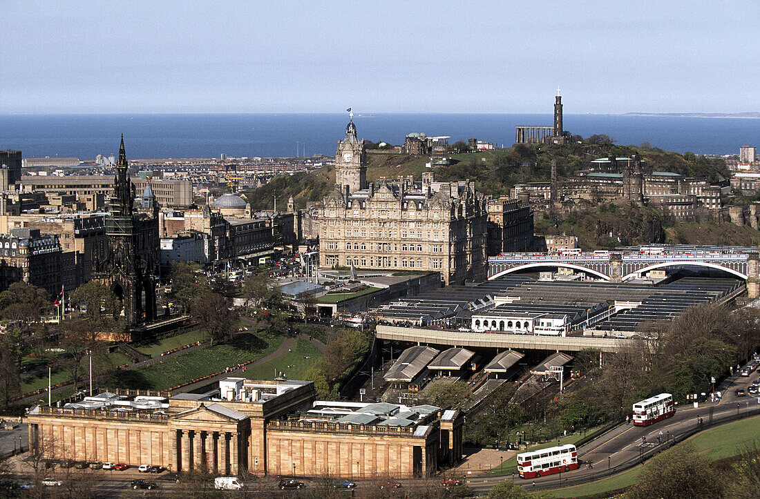 View from Edinburgh castle. National Gallery of Scotland, Waverley station, the Balmoral Hotel, Calton Hill. Edinburgh. Scotland. UK.