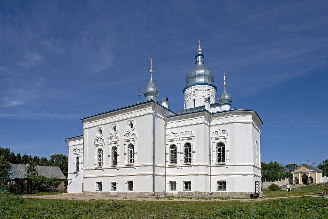 Spaso-Elizarovsky monastery. Cathedral of Three Consecraters (XVI-XXth c.), 1574. Elizarovo, near Pskov. Russia.