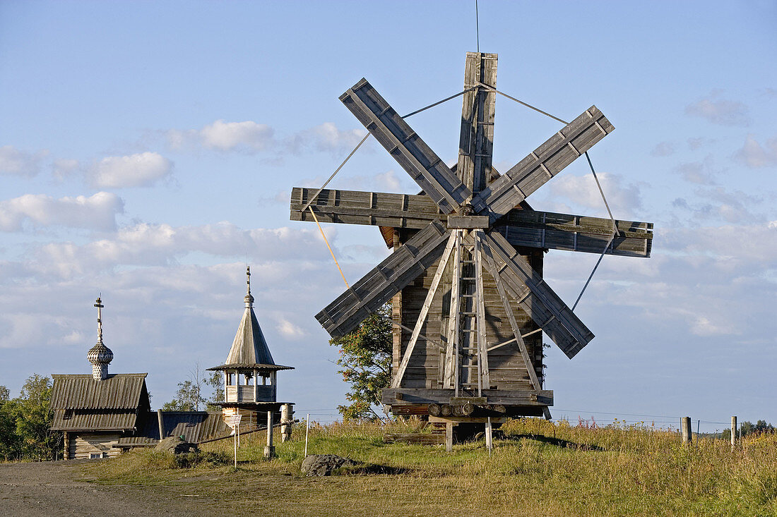 Wind mill from the village of Volkostrov, 1928. Kizhi Island. Onega lake, Karelia. Russia.