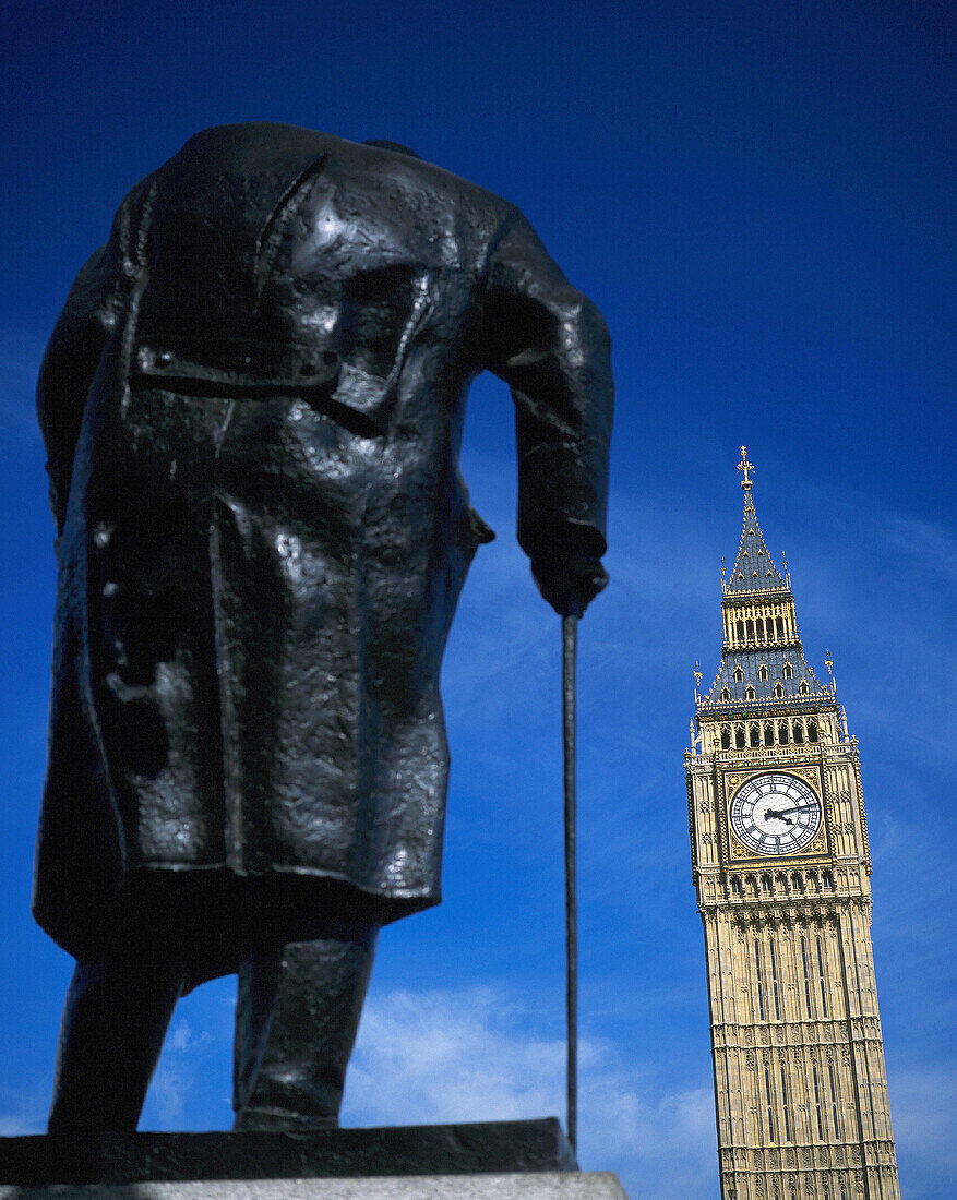 Winston Churchill Statue and Big Ben. London. England