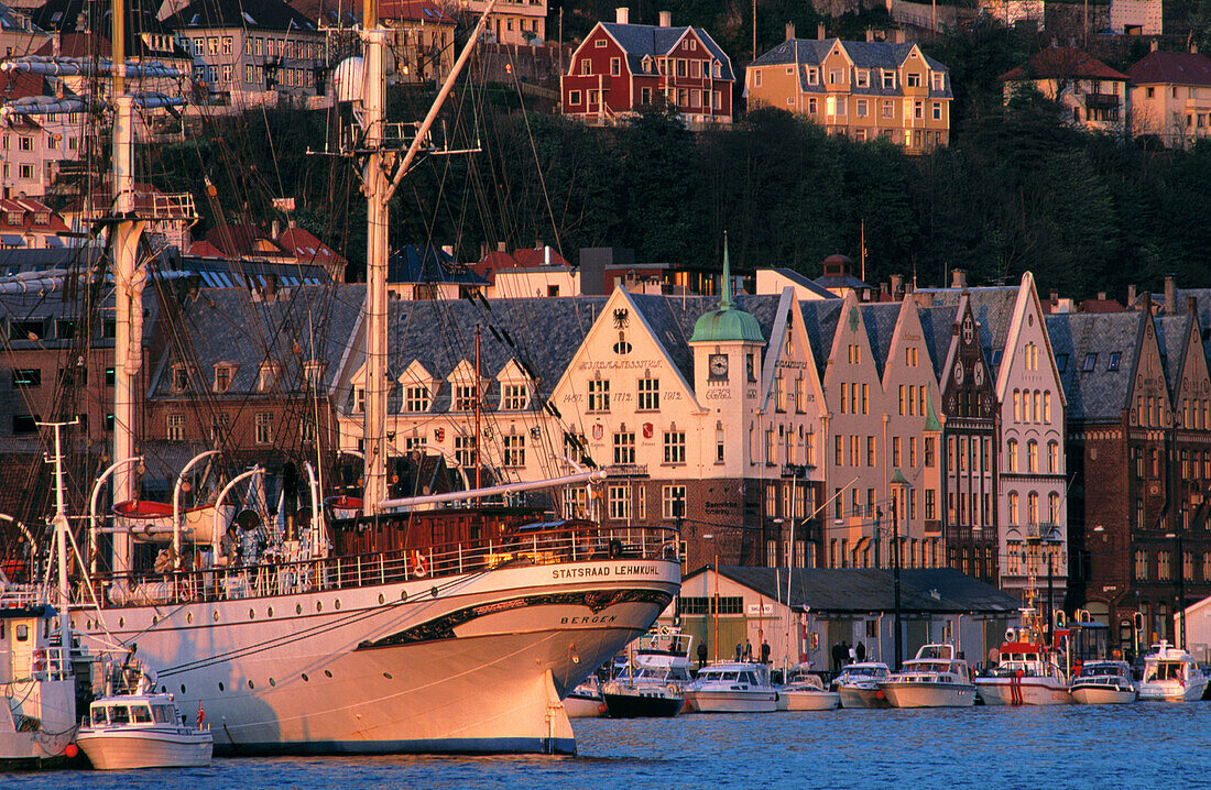 Harbour & old german quarter at rear at dusktime. Bergen. Norway