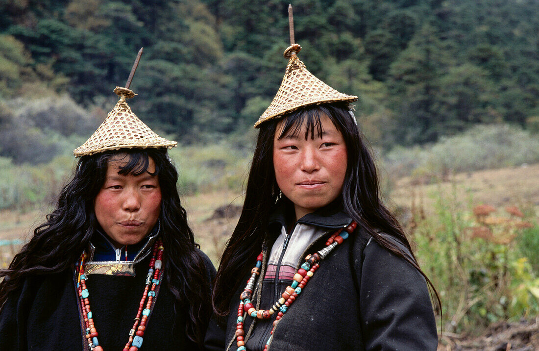 Women in traditional costume. Laya region. Northern Buthan