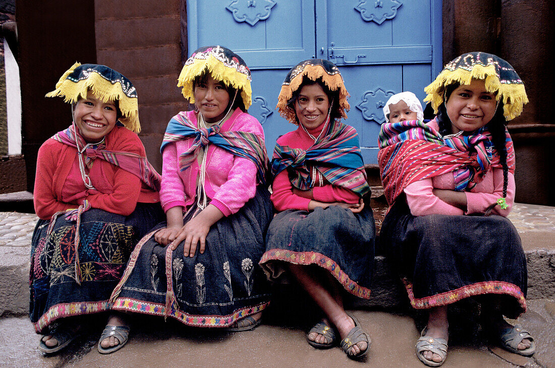 Girls in traditional country dress. Pisac. Peru