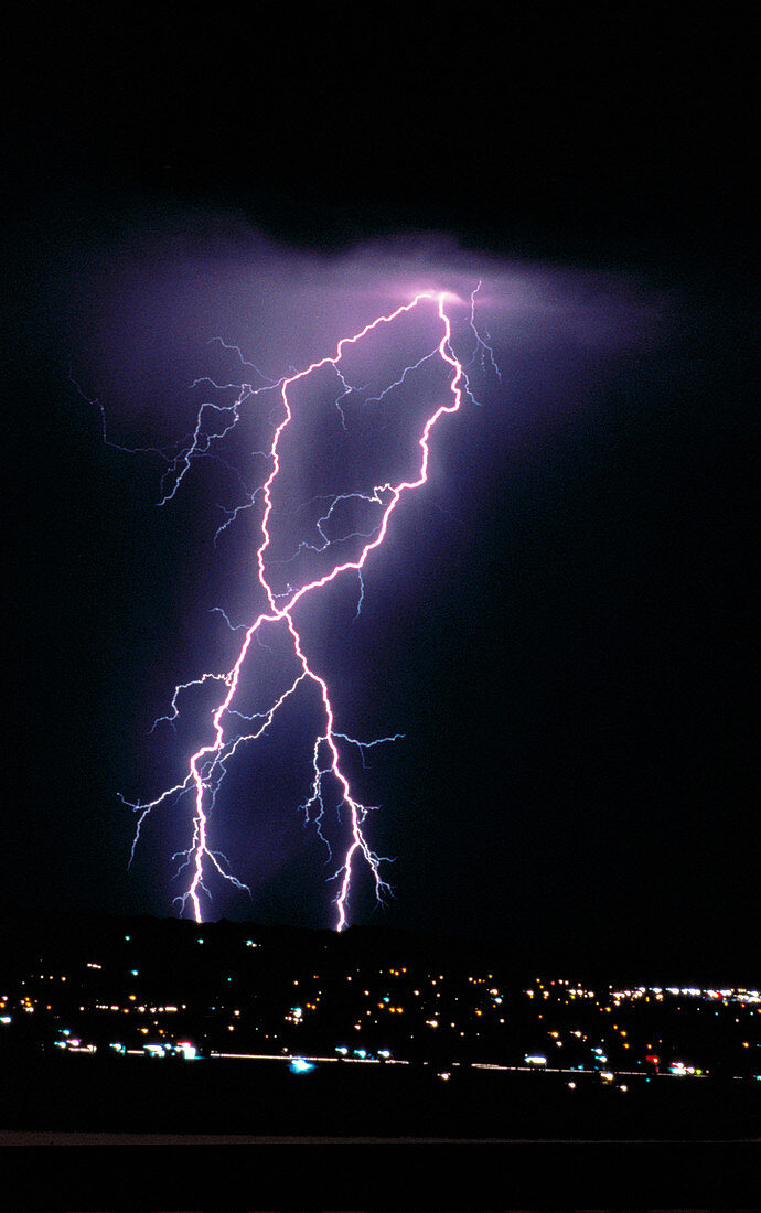 Anger, Bolt, Bolts, Cities, City, Cloud, Clouds, Color, Colour, Danger, Electric power, Electricity, Energy, Exterior, Hazard, Light, Lightning, Meteorology, Natural phenomena, Natural phenomenon, Nature, Night, Nighttime, Outdoor, Outdoors, Outside, Powe