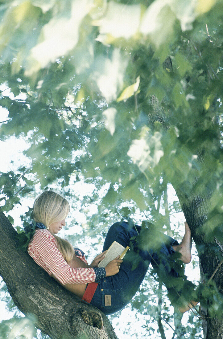Girl reading book while sitting in tree