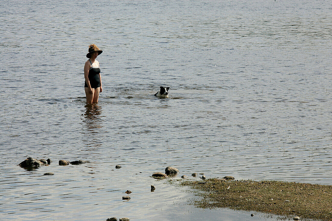 Ältere Frau und Hund im Wasser, Loch Ard, Schottisches Hochland, Scotland, Großbritannien, Europa
