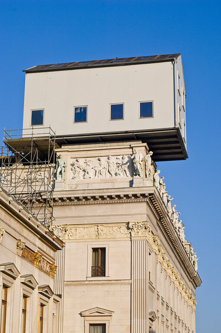 Hut on roof of the Parliament Building during renovation works, Vienna, Austria