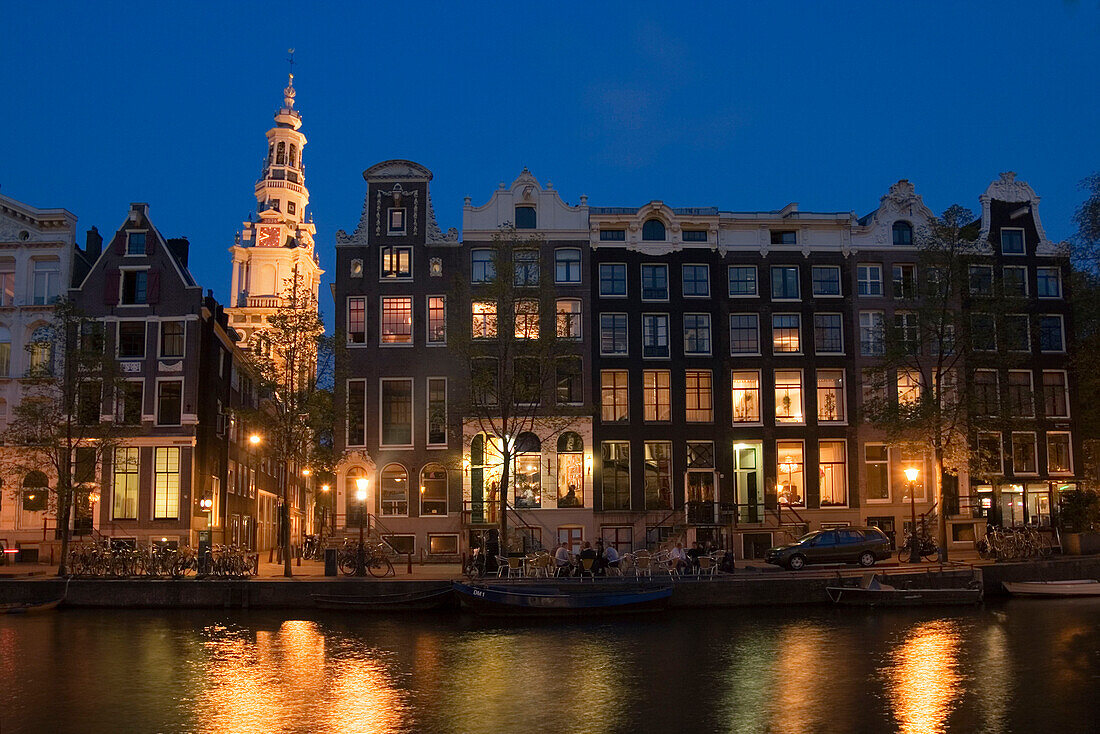 Amsterdam, Kloveniersburgwall, canal,Zuiderkerk at night