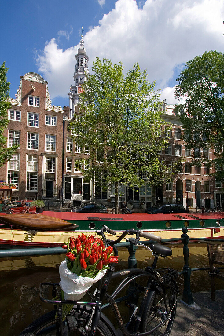 Amsterdam  Fahrrad mit Tulpen im Hintergrund Gracht Zuiderkerk