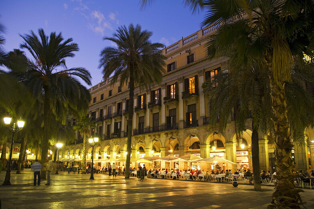 Spain,Barcelona,Plaza Real at twilight