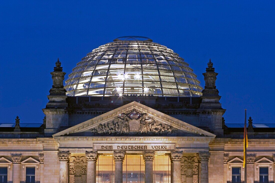 Berlin, Reichstag, dome by Norman Forster, twilight