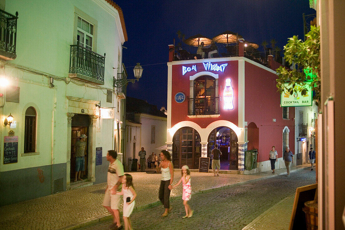 Portugal Algarve  Lagos main street. nightlife, restaurants, twilight