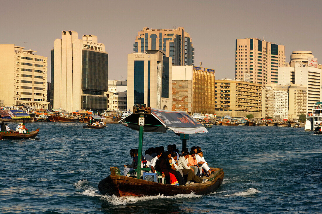 Dubai Creek Promenade Skyline , Deira buisiness district,Ferries on dubai Creek between Deira and Bur Dubai