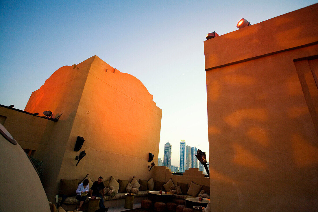 United Arab Emirates Dubai, One & Only Royal Mirage, Arabian court,  five star Hotel at Jumeirah beach  , Rooftop bar sunset