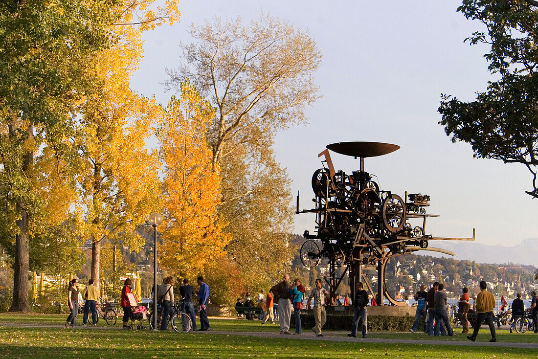 Switzerland Zurich, Tinguely sculpture in park , Zuri Horn, people