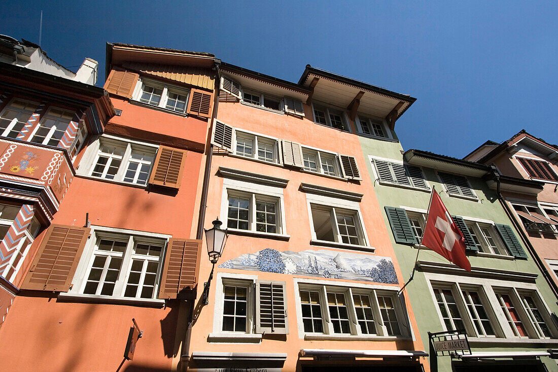 Switzerland Zurich, Augustinergasse, old city center, swiss flaggs