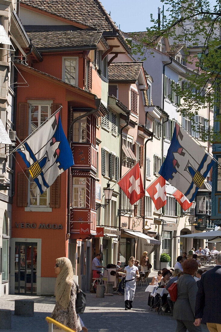 Switzerland Zurich, Augustinergasse, old city center, swiss flaggs