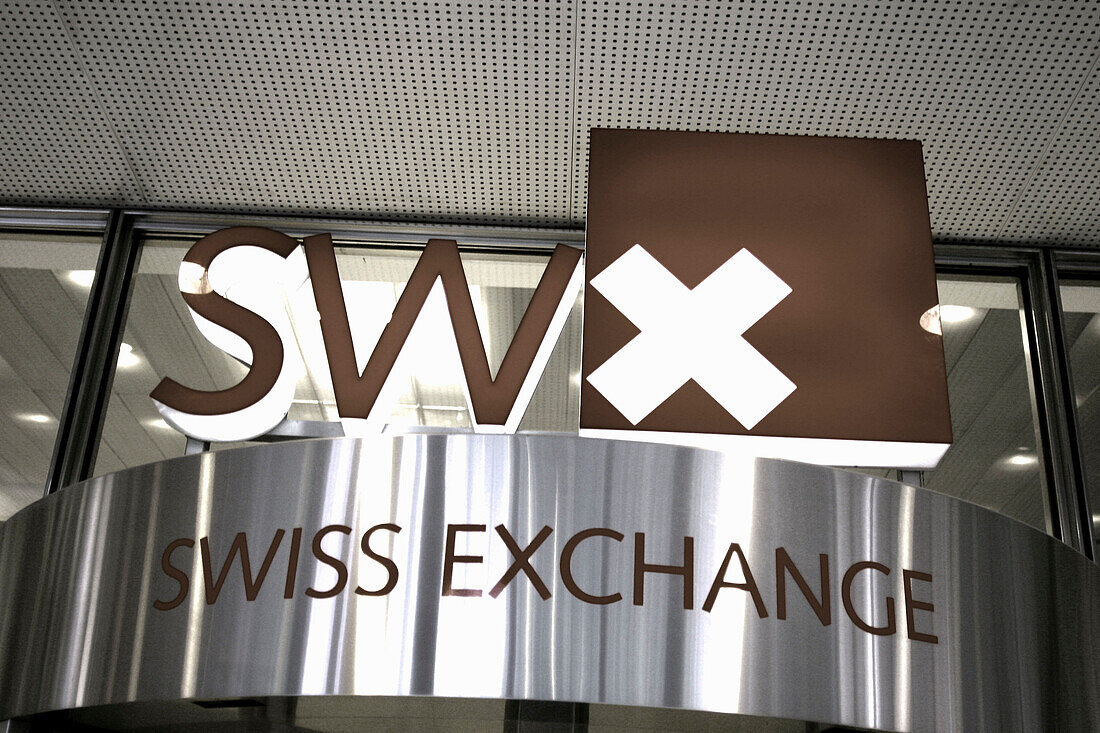Switzerland, Zurich, stock exchange, swiss Exchange sign , entrance  Schweiz, Zuerich, Boerse, Eingang, SWX