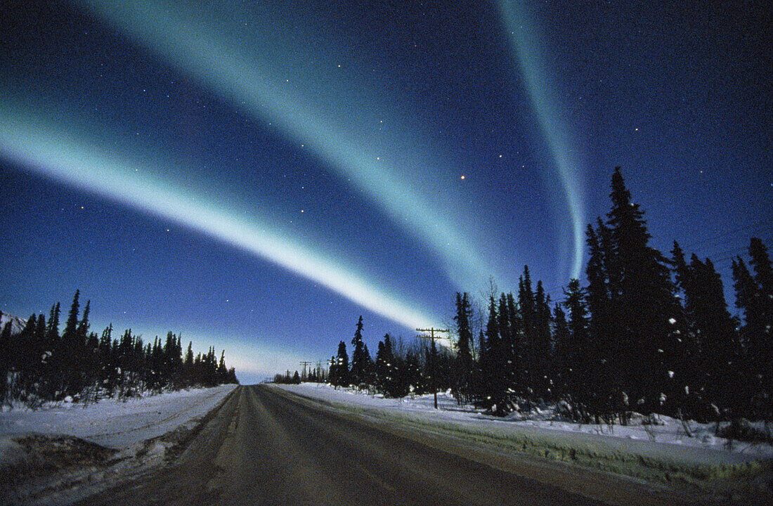 Northern lights above Glenn Highway. Alaska. USA
