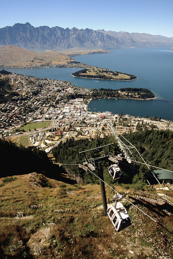 Cable railway overlooking Wakatipu Lake and Remarkables range. Queenstown. South Island, New Zealand