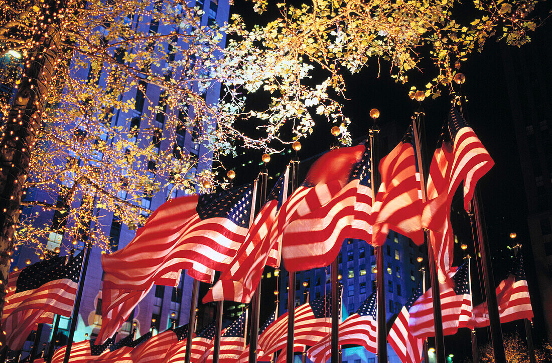 United States Flags ring Rockefeller Center on Election Night. Fifth Avenue. Manhattan. New York City. USA