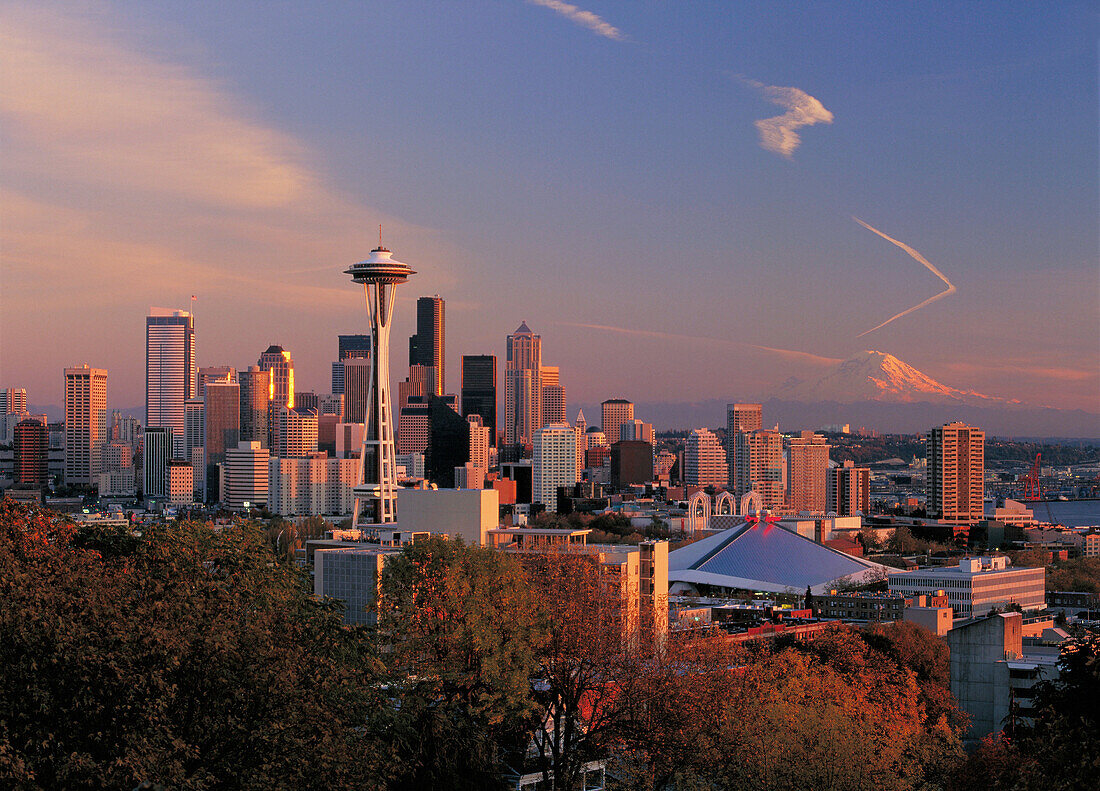 Seattle. Washington. View form Queen Anne Hill and Mount Rainier in background