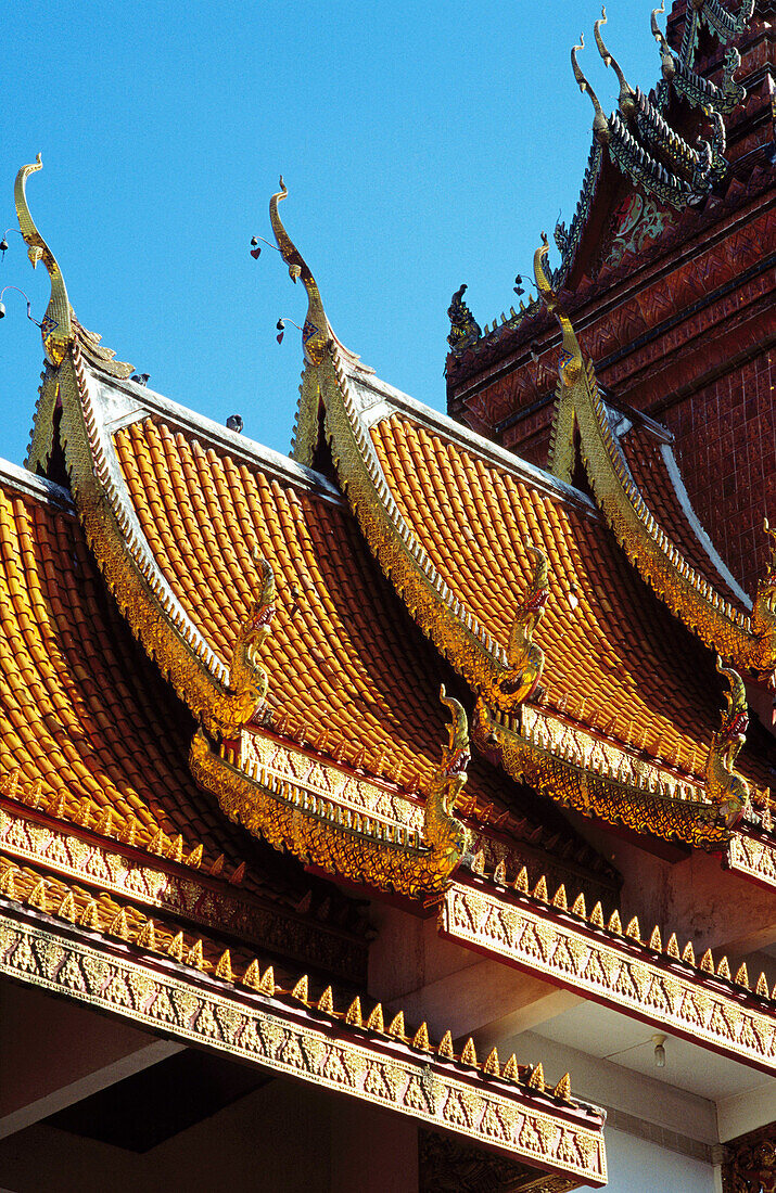 Ornate roofline of Wat Buppharam. Chiang Mai. Thailand