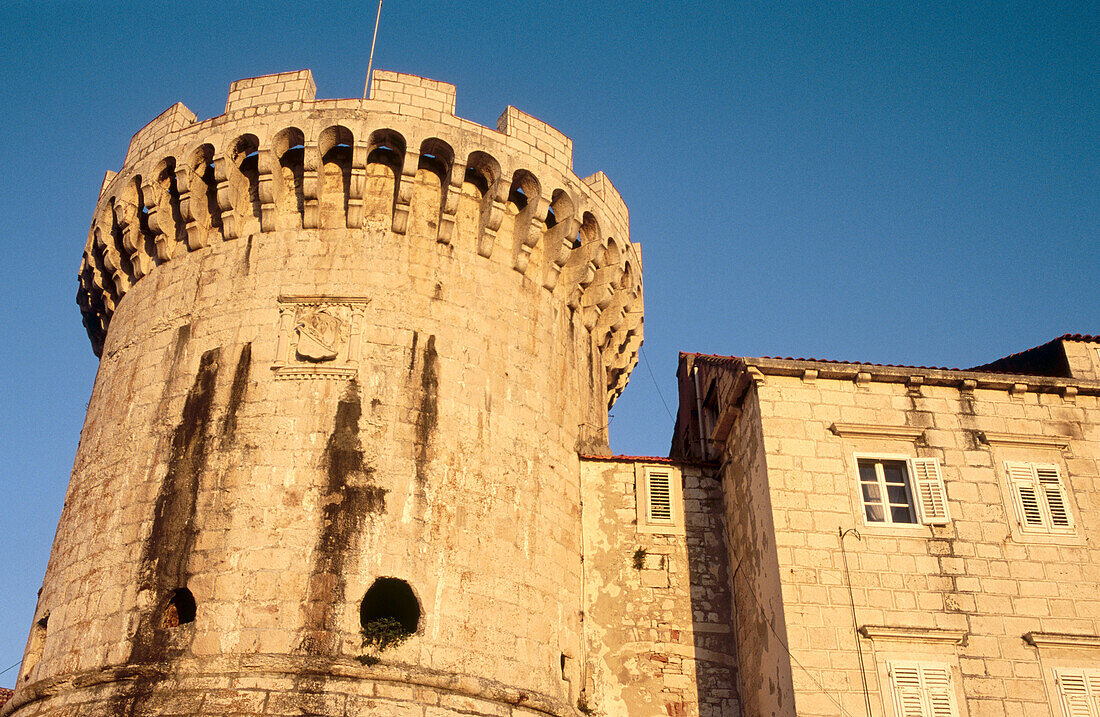 Defensive tower at sunset, town of Korkula. Korcula Island, Dalmatia. Croatia