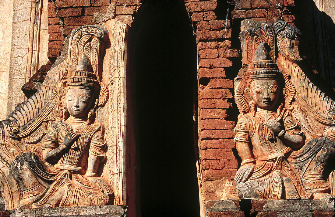 Detail on stupa, Shwe Inn Thein. Indein. Inle Lake. Shan State. Myanmar.