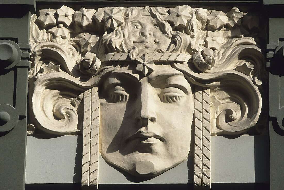 Detail of art nouveau building (Aldaru Street 2/Smilsu Street 8 built in 1902 by architect Heinrich Scheel), old town. Riga, Latvia