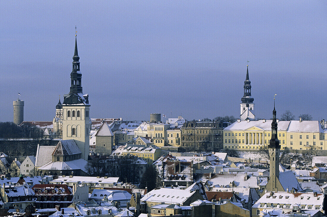 St. Nicolas Church and Town Hall tower, old town from Toompea. Tallinn, Estonia