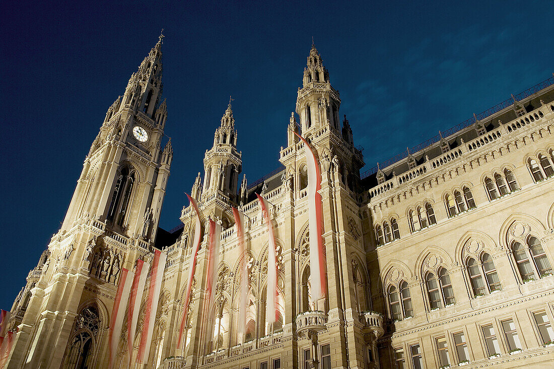 Neues Rathaus, New Vienna Town Hall. Evening. Rathausplatz. Vienna. Austria. 2004.