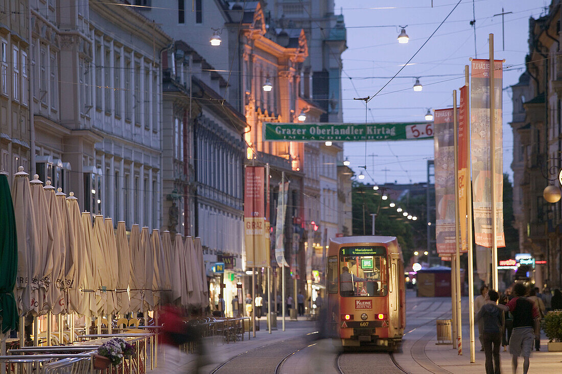 Herrengasse Pedestrian Zone. Tramcar. Evening. Graz. Styria (Stiermark). Austria. 2004.