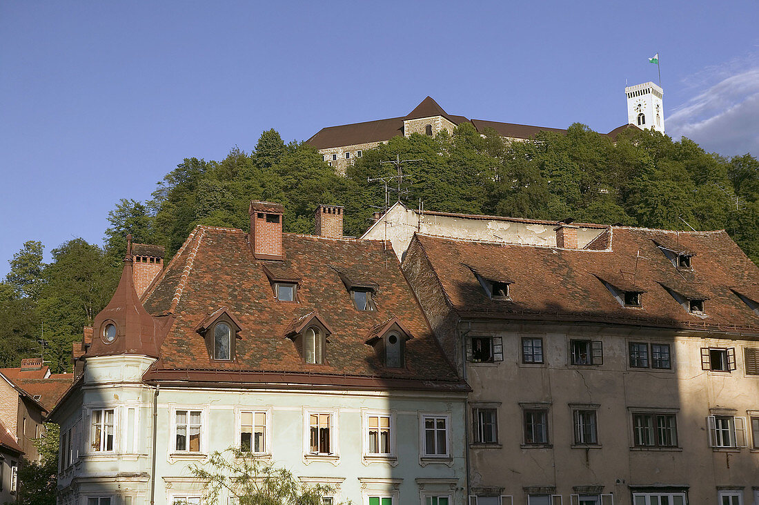 Buildings along the Ljubljanica River under Castle Hill. Ljubljana. Slovenia. 2004.