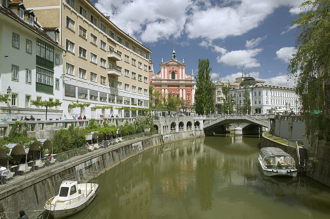 Ljubljana River View towards Presernov Trg Square. Ljubljana. Slovenia.