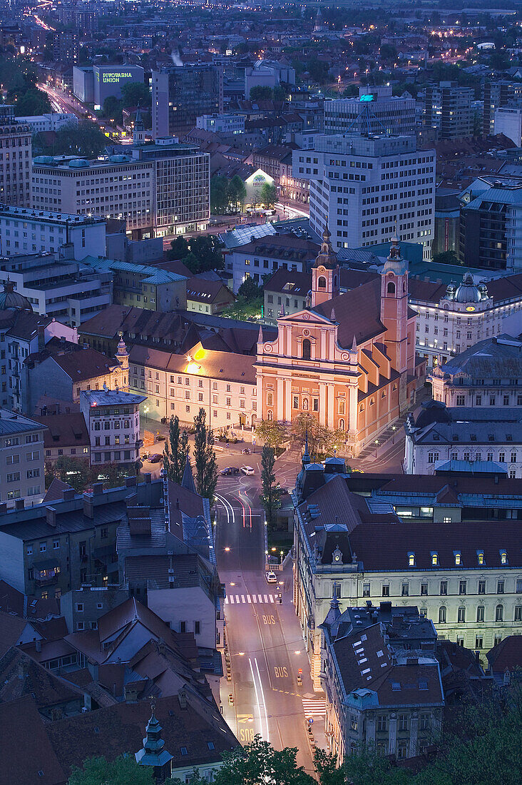 Presernov Trg Square. View from Castle Hill. Belvedere Tower. Evening. Ljubljana. Slovenia.