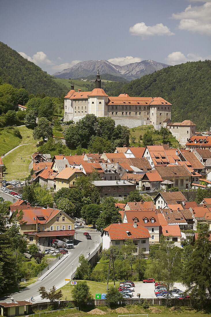 Town and Skofja Loka Castle. Skofja Loka. Gorenjska. Slovenia.