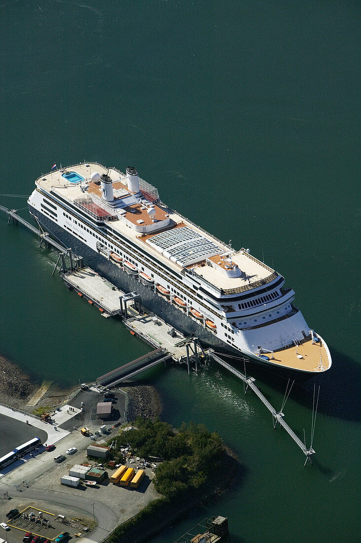 Cruiseship. Harbor View from Mt. Roberts. Daytime. Juneau. Southeast Alaska. USA.