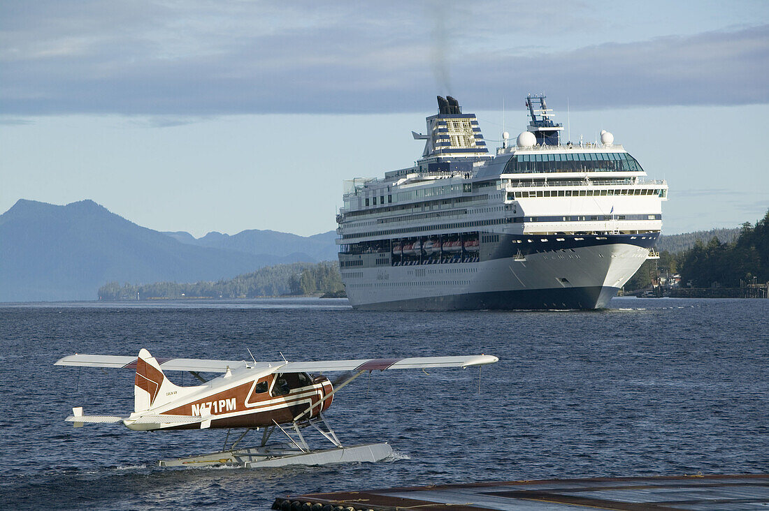 Tongass Narrows. Cruiseship & Seaplane. Ketchikan. Southeast Alaska. USA.