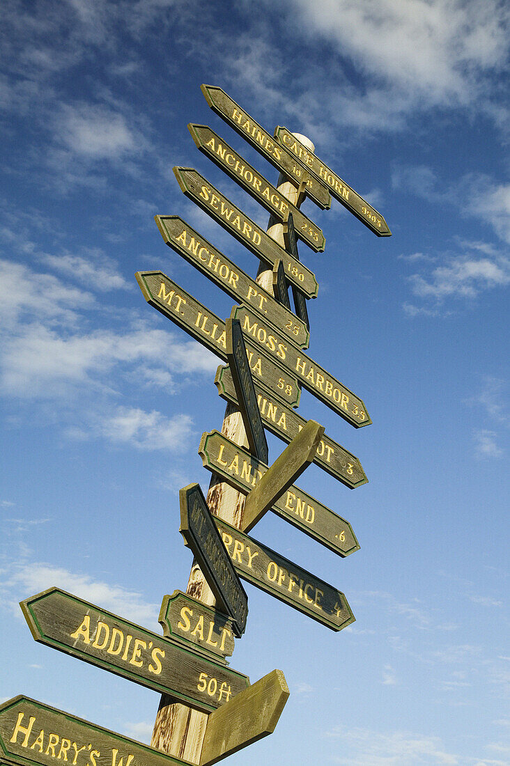 Homer Spit. Directional Sign. Homer. Kenai Peninsula. Alaska. USA.