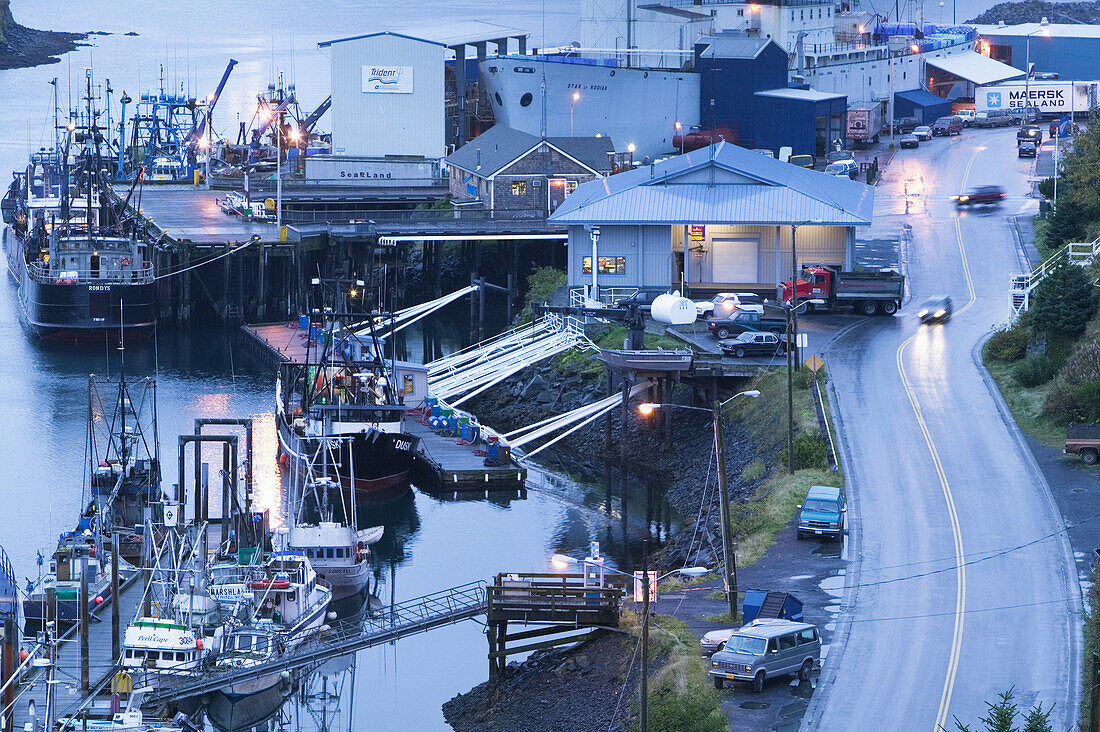 St. Paul Boat Harbor & Star of Kodiak Fish Cannery Ship/Plant. Dawn. Kodiak. Kodiak Island. Southwest Alaska. USA.