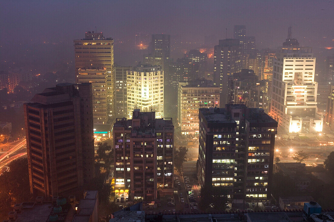 Evening View of Connaught Place Highrises. Connaught Place. Delhi. India.