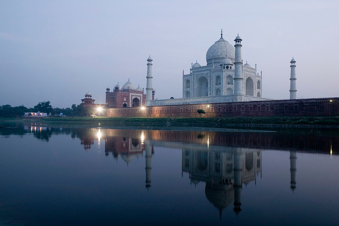 Taj Mahal. Seen from the East along the Yamuna River. Dusk. Uttar Pradesh. Agra. India.