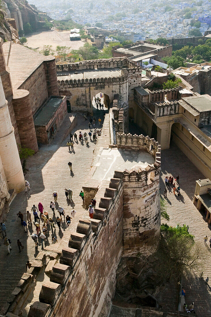 Meherangarh Fort. Visitors climbing up to fort. Jodhpur. Rajasthan. India.