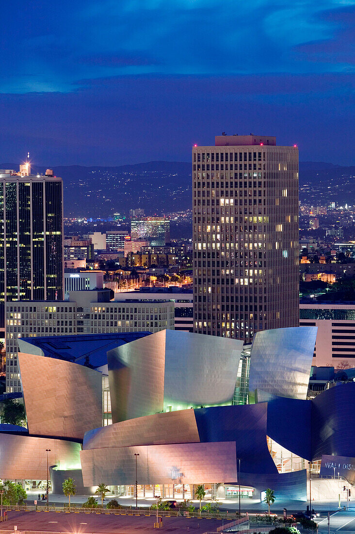 Evening View of Walt Disney Concert Hall from Los Angeles City Hall. Downtown. Los Angeles. California. USA.