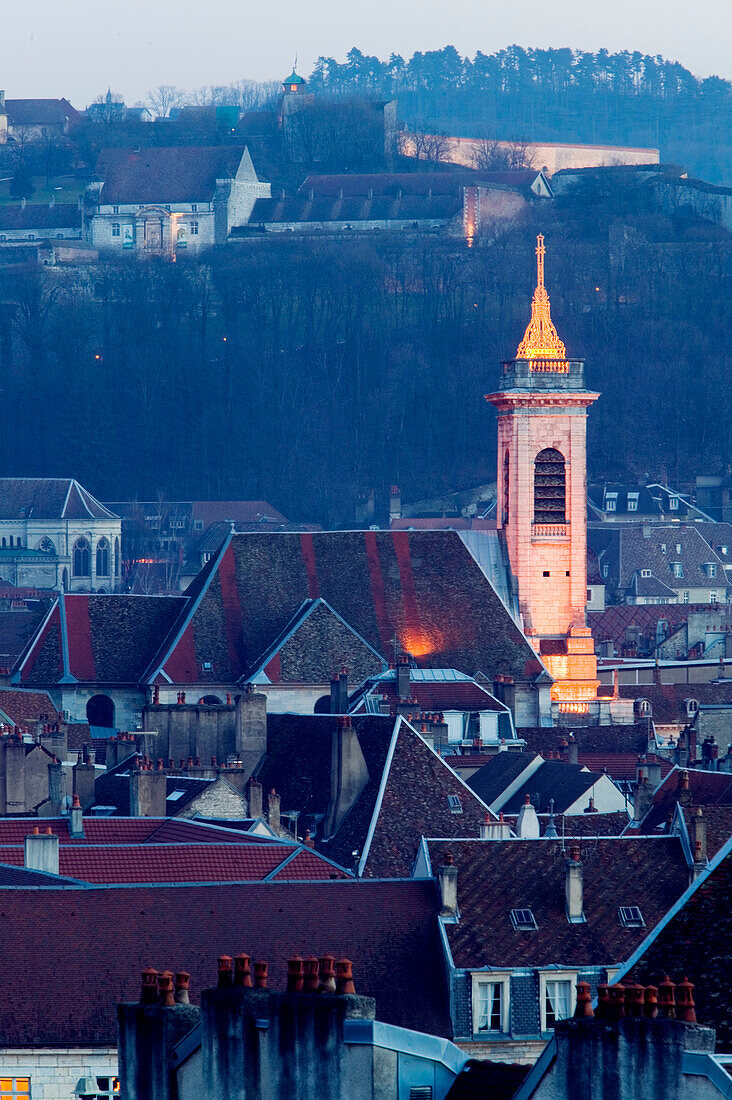 Citadelle, Cathedrale St-Jean & Eglise St-Pierre from Fort Griffon / Evening. Besançon. Doubs. Jura. France.