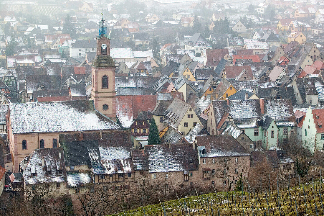 Town view of Alsatian Wine Village in Winter. Riquewihr. Haut-Rhin. Alsace. France.