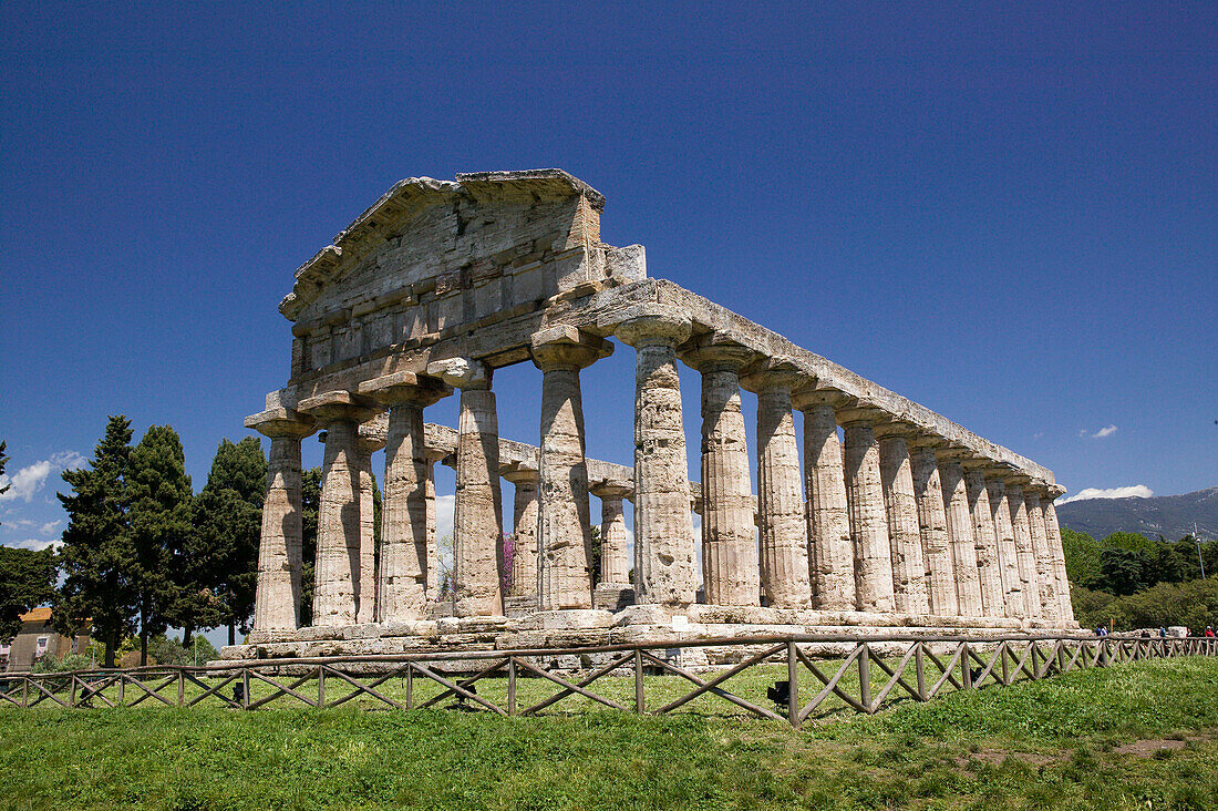 Site of Ancient Greek Ruins. Tempio di Cerere (Temple of Ceres) VIth century BC. Paestum. Campania. Italy.